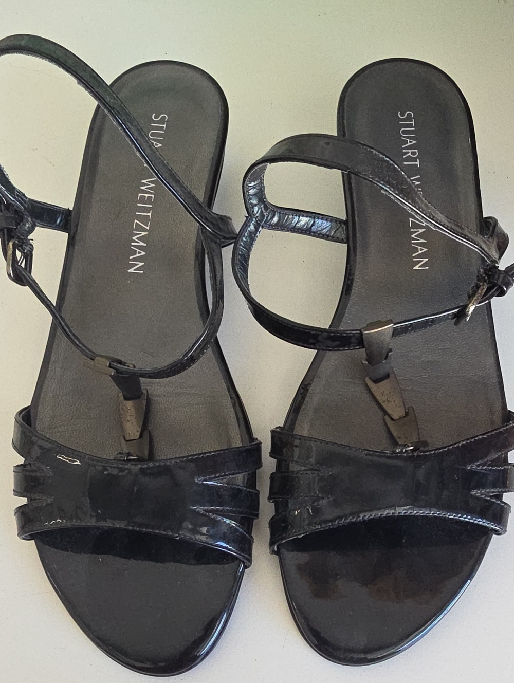 Stuart Weitzman Black Patent Leather Strappy Sandals with Ankle Buckle